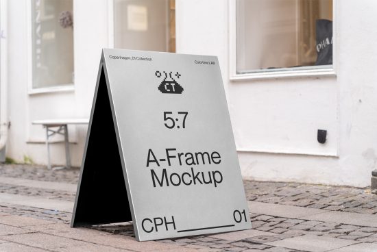 A-Frame sign mockup on cobblestone street for outdoor advertising and design presentation, realistic urban setting, designers asset.